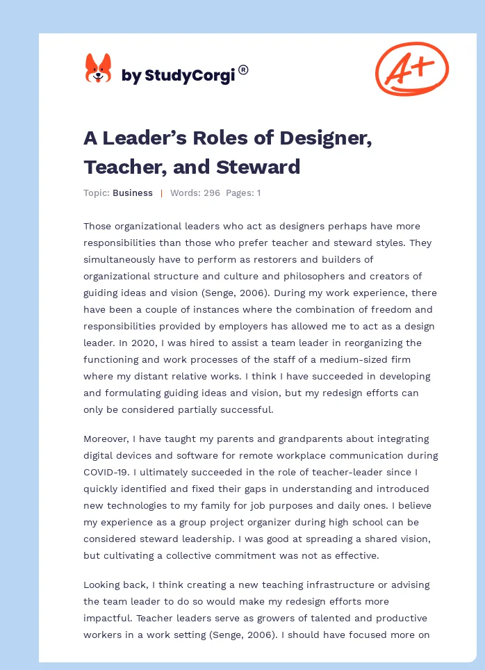 A Leader’s Roles of Designer, Teacher, and Steward. Page 1