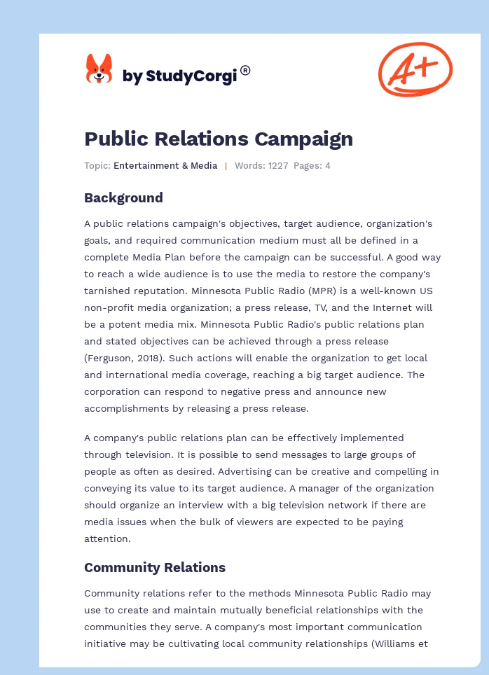 Public Relations Campaign. Page 1