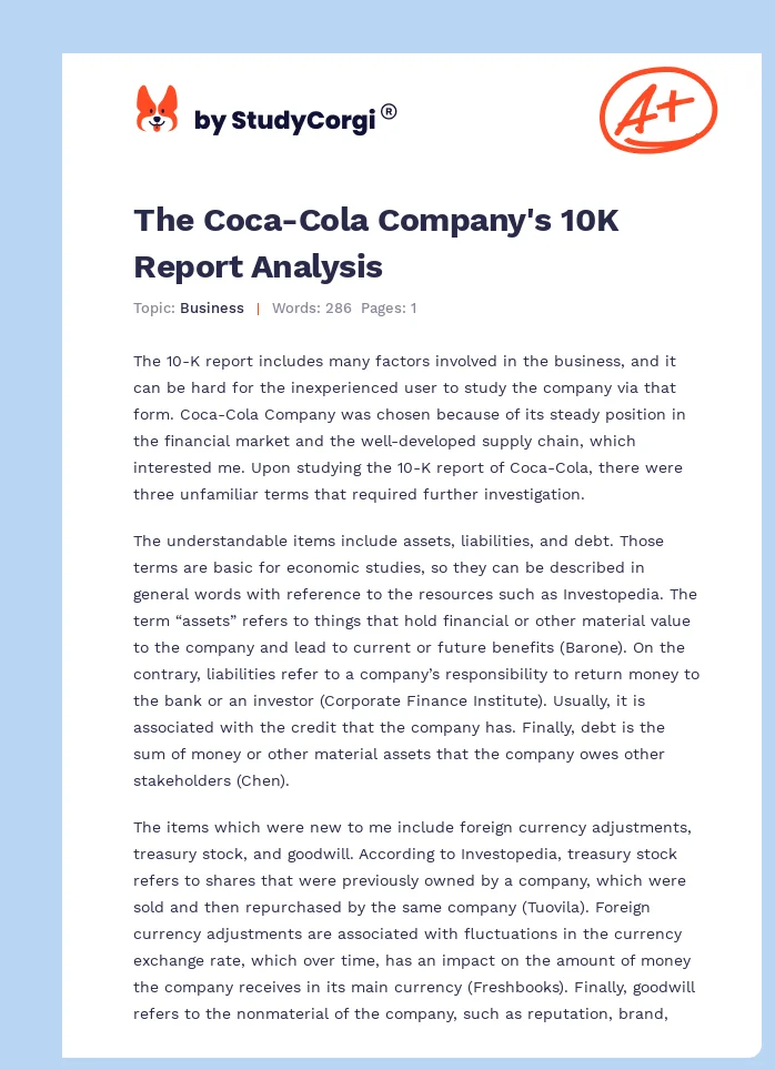 The Coca-Cola Company's 10K Report Analysis. Page 1