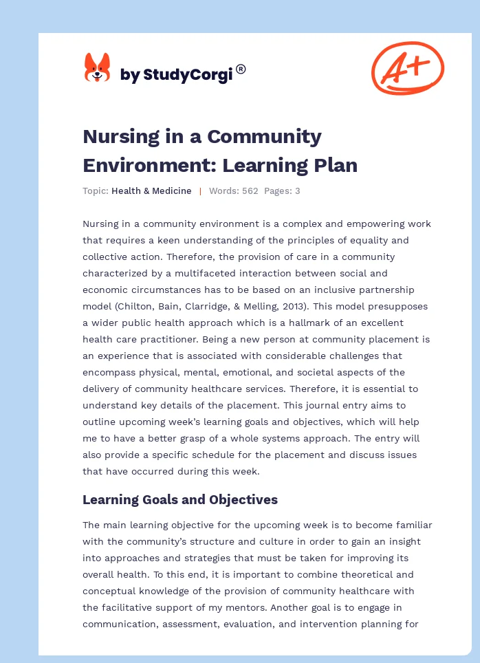 Nursing in a Community Environment: Learning Plan. Page 1