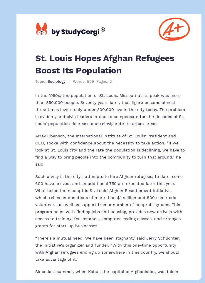 St. Louis Hopes Afghan Refugees Boost Its Population. Page 1