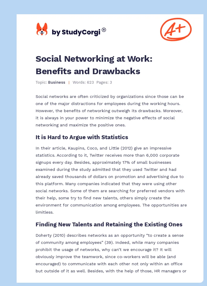Social Networking at Work: Benefits and Drawbacks. Page 1