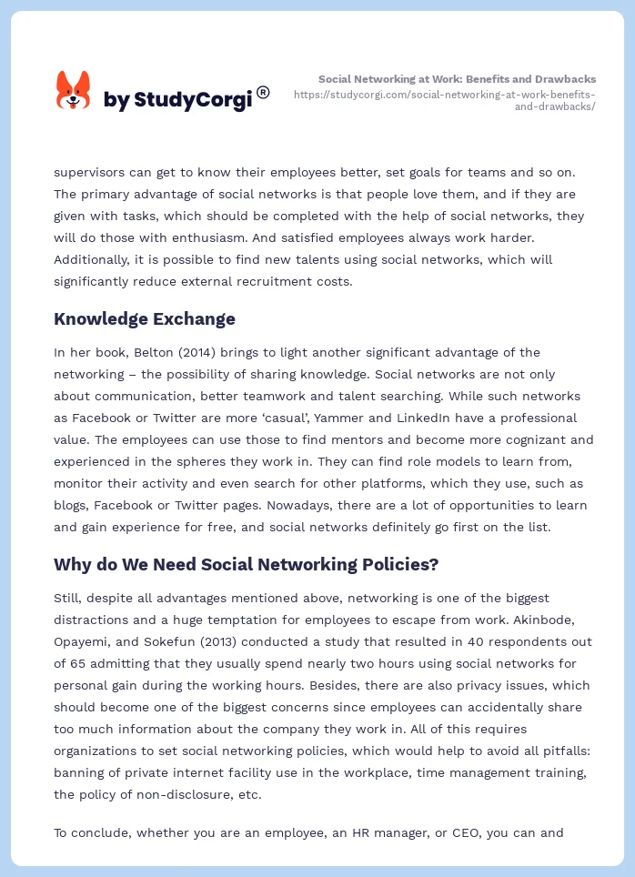 Social Networking at Work: Benefits and Drawbacks. Page 2
