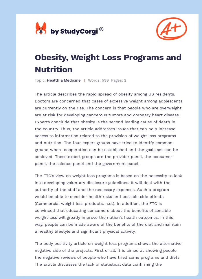 Obesity, Weight Loss Programs and Nutrition. Page 1