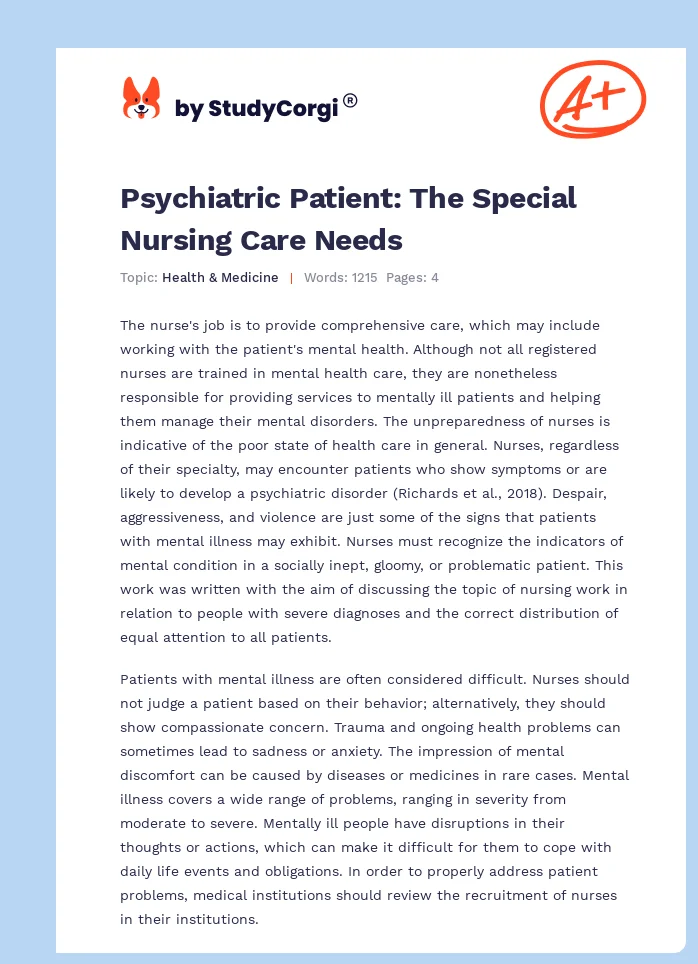 Psychiatric Patient: The Special Nursing Care Needs. Page 1