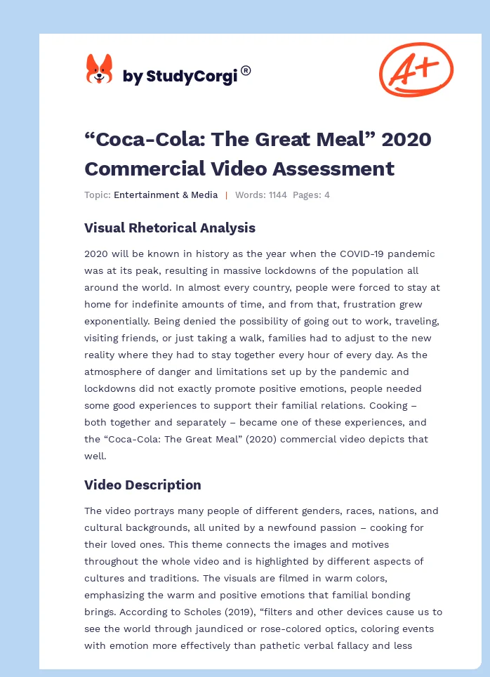 “Coca-Cola: The Great Meal” 2020 Commercial Video Assessment. Page 1