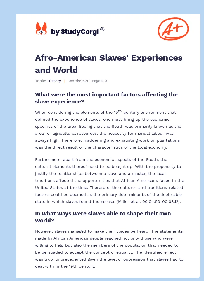 Afro-American Slaves' Experiences and World. Page 1