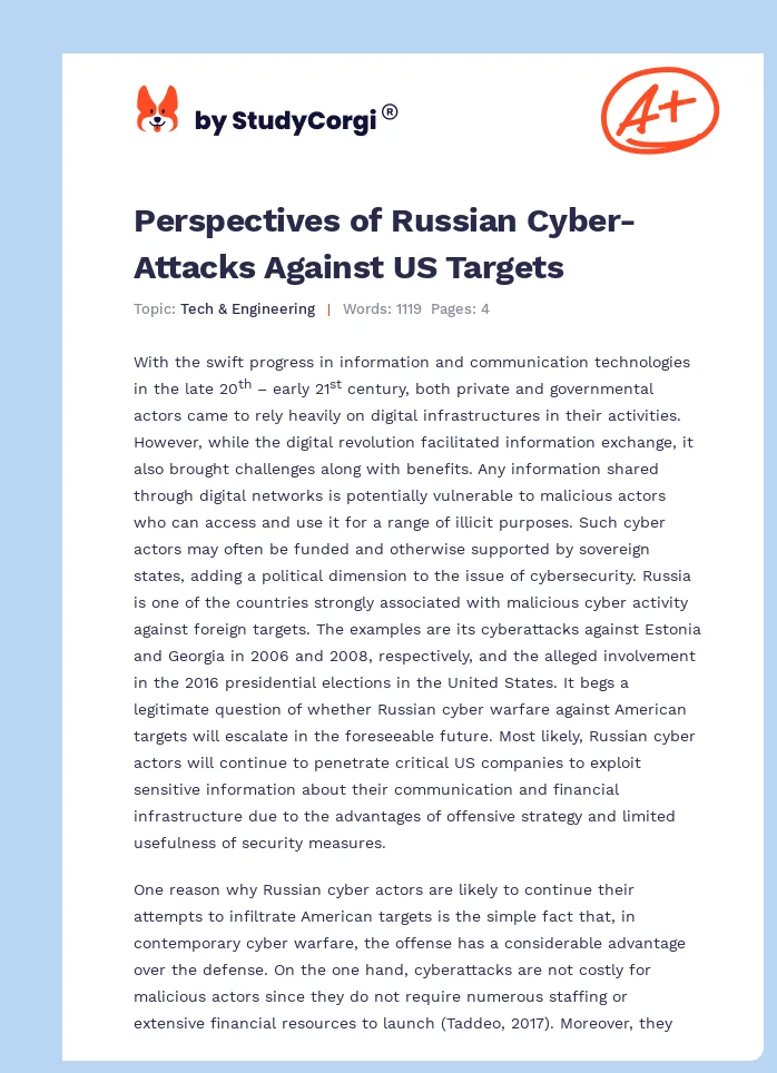 Perspectives of Russian Cyber-Attacks Against US Targets. Page 1