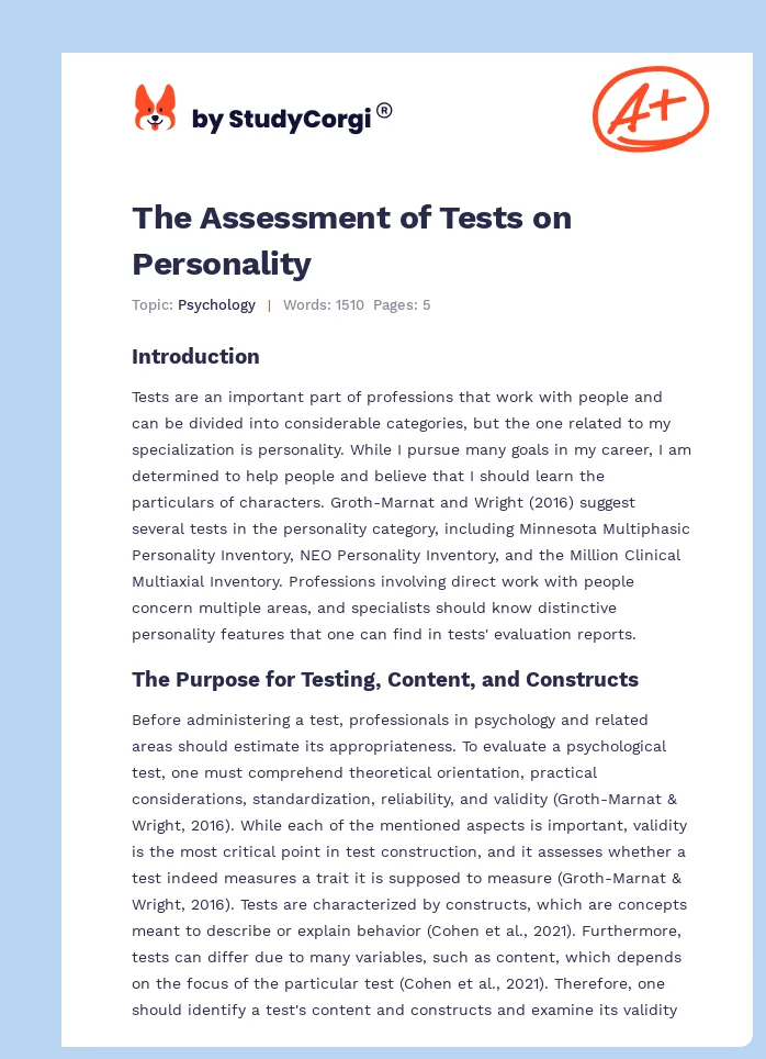 The Assessment of Tests on Personality. Page 1