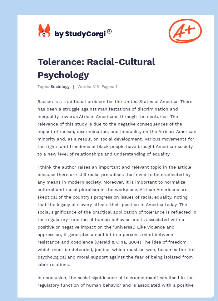 Tolerance: Racial-Cultural Psychology. Page 1