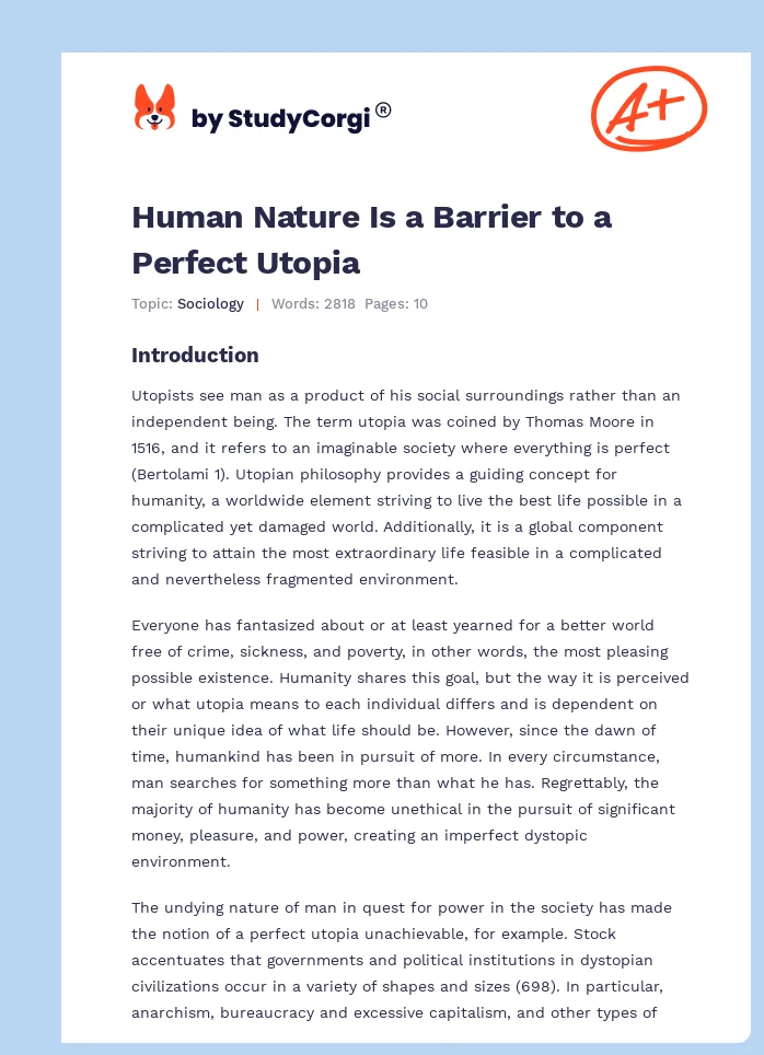 Human Nature Is a Barrier to a Perfect Utopia. Page 1