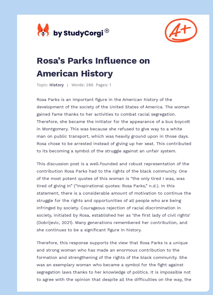 Rosa’s Parks Influence on American History. Page 1