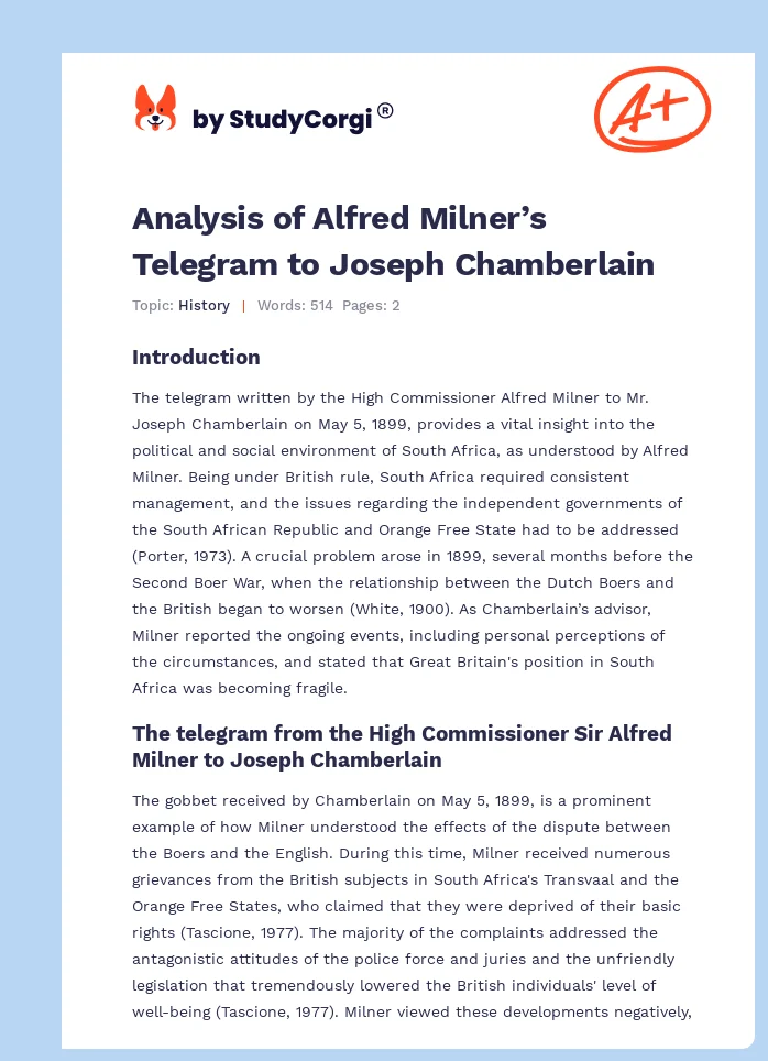 Analysis of Alfred Milner’s Telegram to Joseph Chamberlain. Page 1
