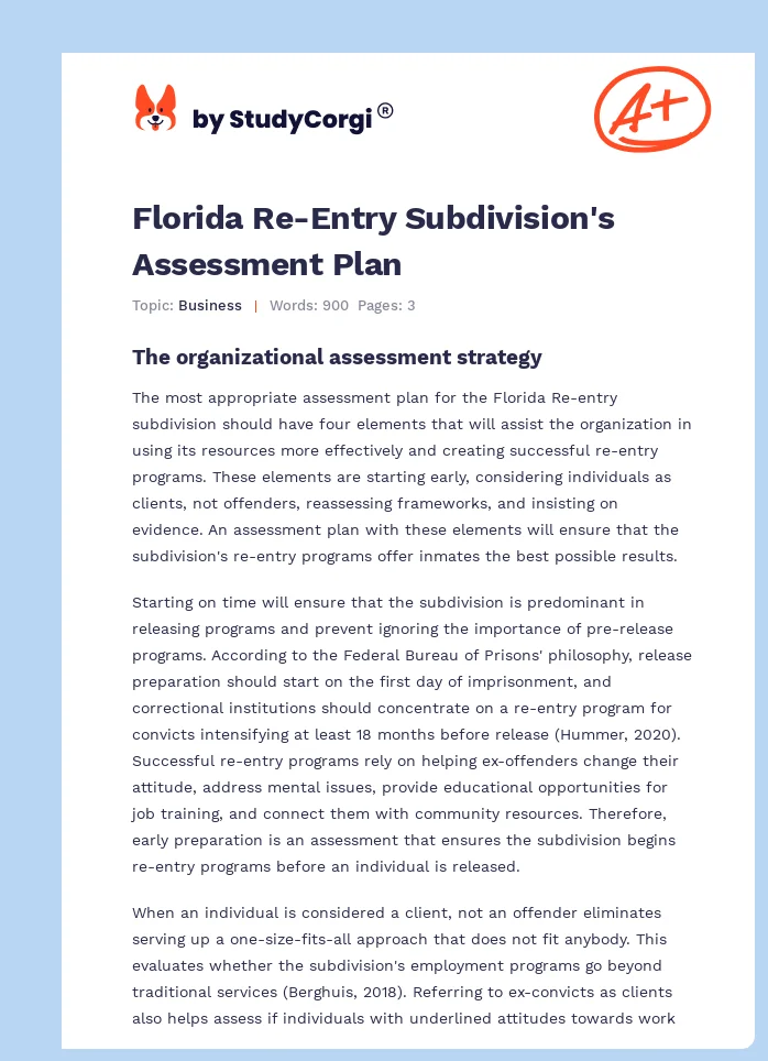 Florida Re-Entry Subdivision's Assessment Plan. Page 1