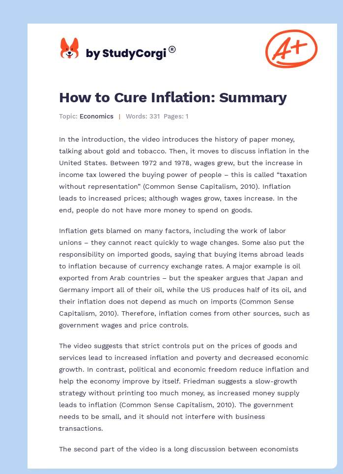 How to Cure Inflation: Summary. Page 1