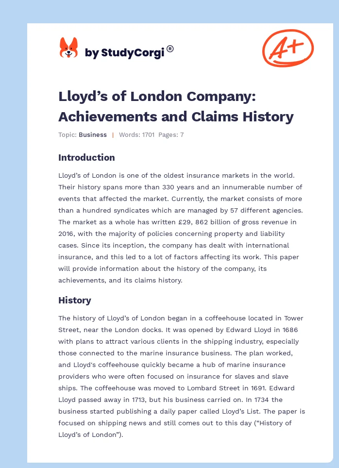 Lloyd’s of London Company: Achievements and Claims History. Page 1