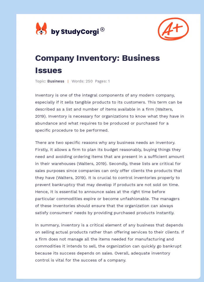 Company Inventory: Business Issues. Page 1
