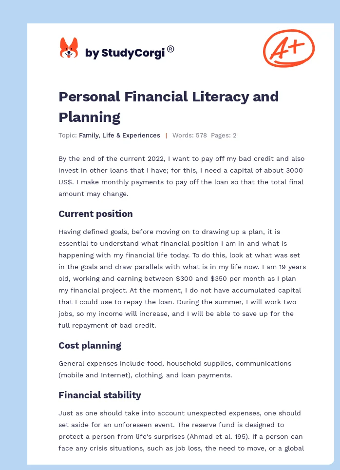 Personal Financial Literacy and Planning. Page 1