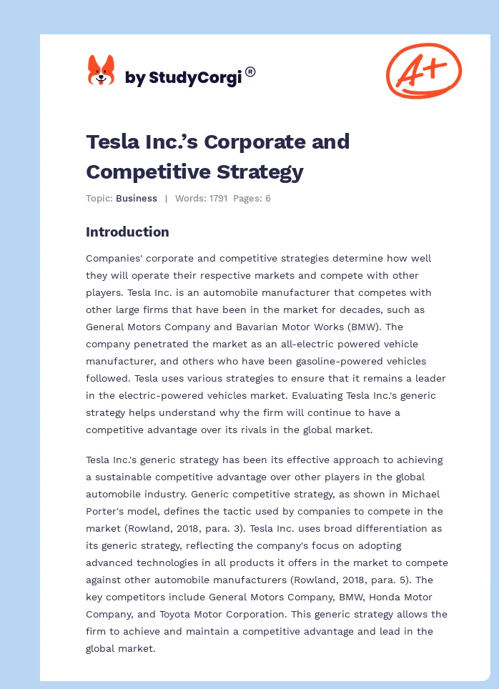Tesla Inc.’s Corporate and Competitive Strategy. Page 1