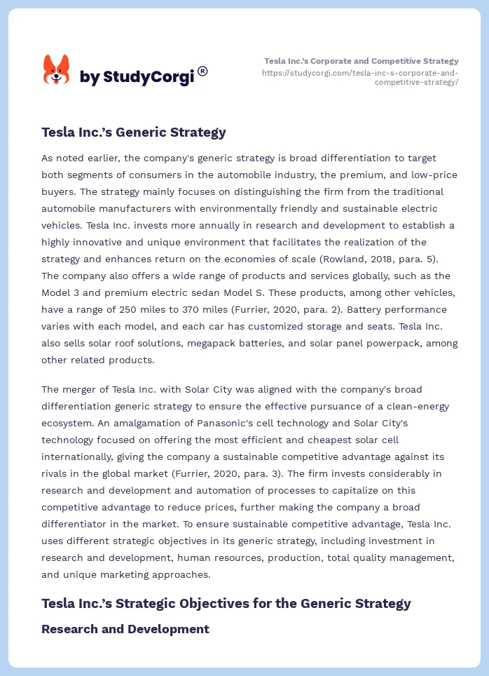 Tesla Inc.’s Corporate and Competitive Strategy. Page 2