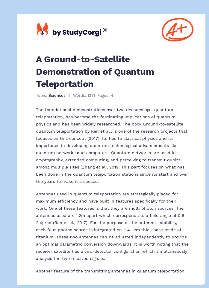 A Ground-to-Satellite Demonstration of Quantum Teleportation. Page 1