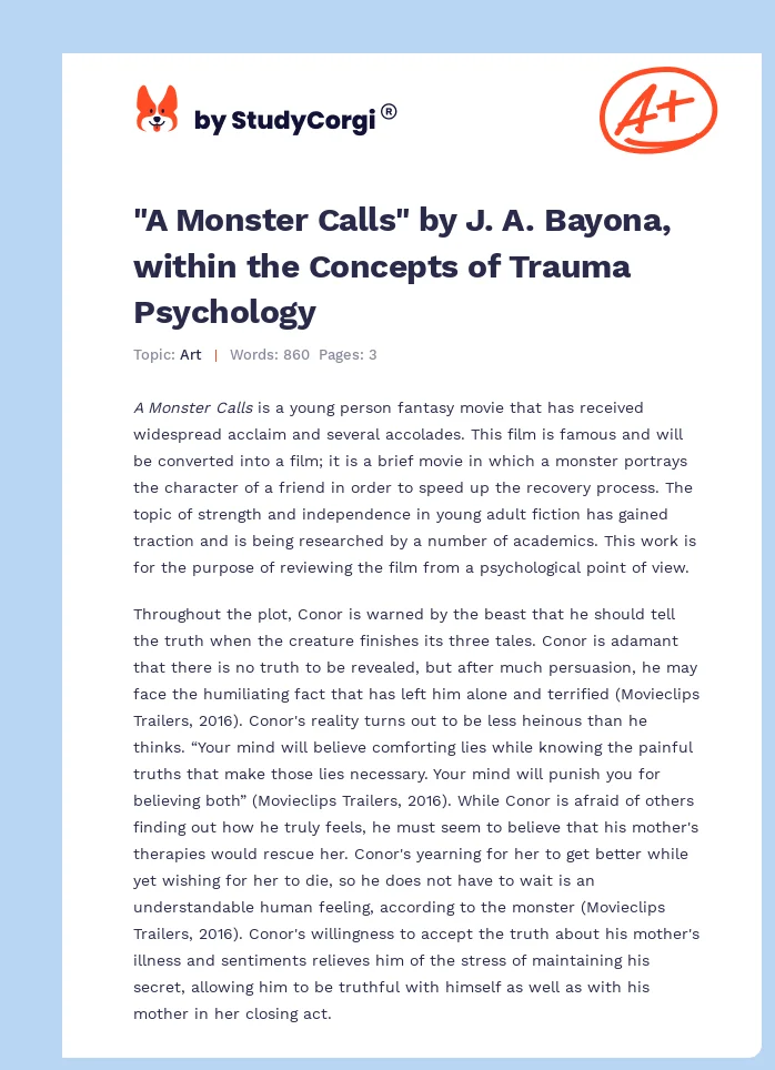 "A Monster Calls" by J. A. Bayona, within the Concepts of Trauma Psychology. Page 1