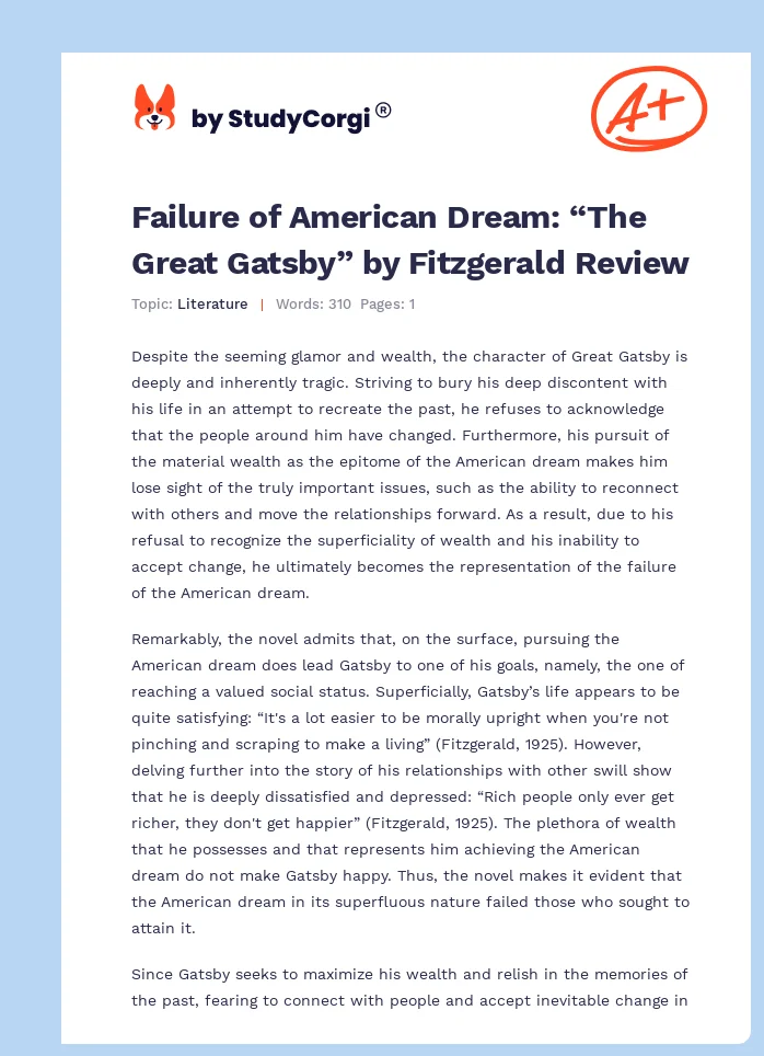 Failure of American Dream: “The Great Gatsby” by Fitzgerald Review. Page 1