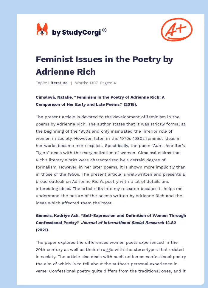 Feminist Issues in the Poetry by Adrienne Rich. Page 1