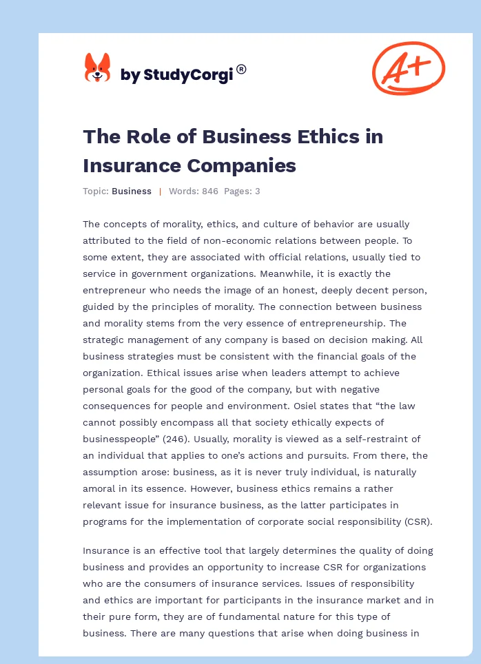 The Role of Business Ethics in Insurance Companies. Page 1