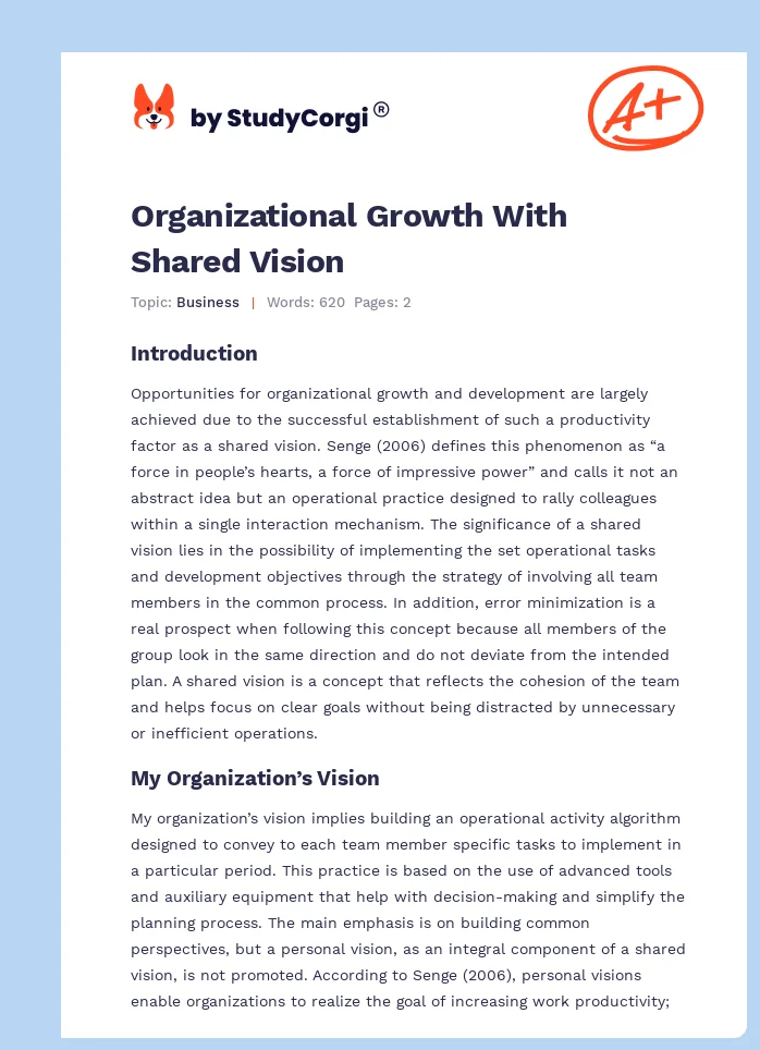 Organizational Growth With Shared Vision. Page 1
