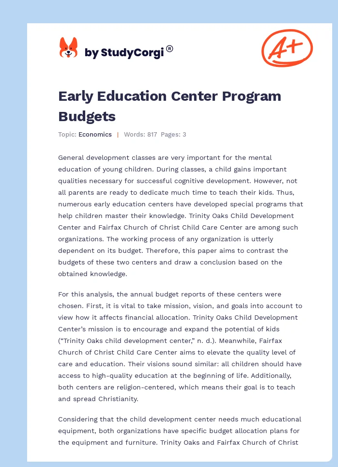 Early Education Center Program Budgets. Page 1