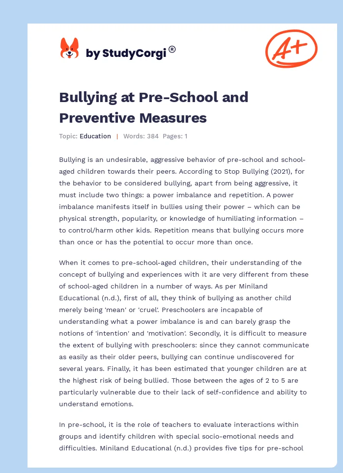 Bullying at Pre-School and Preventive Measures. Page 1