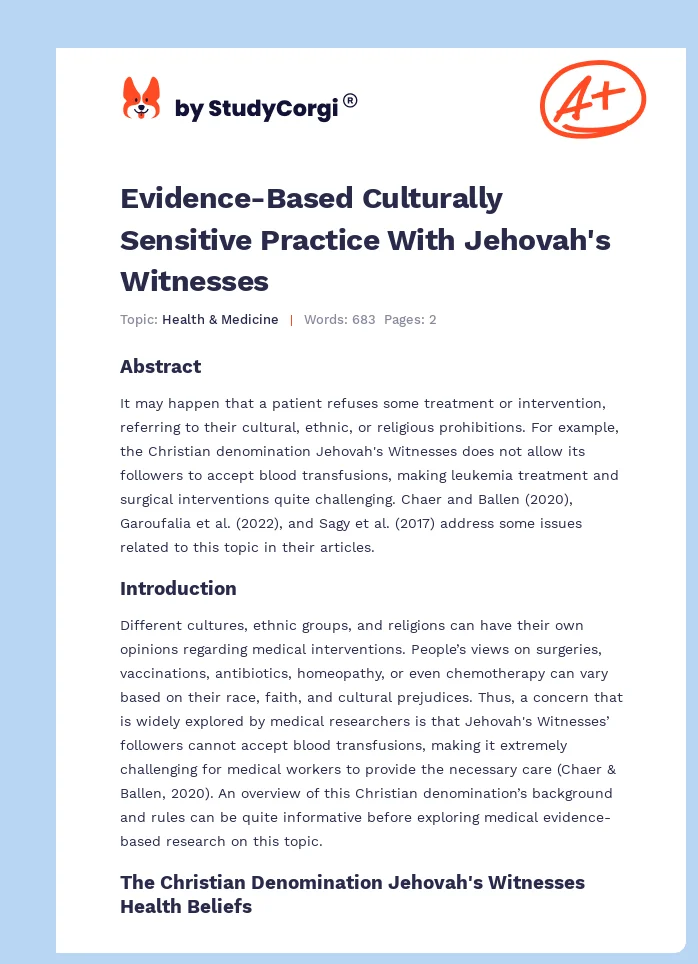 Evidence-Based Culturally Sensitive Practice With Jehovah's Witnesses. Page 1
