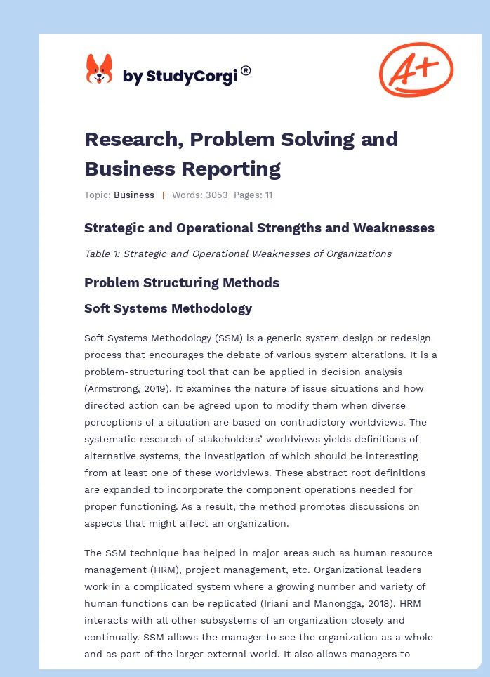 Research, Problem Solving and Business Reporting. Page 1