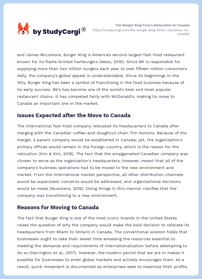 The Burger King Firm's Relocation to Canada. Page 2