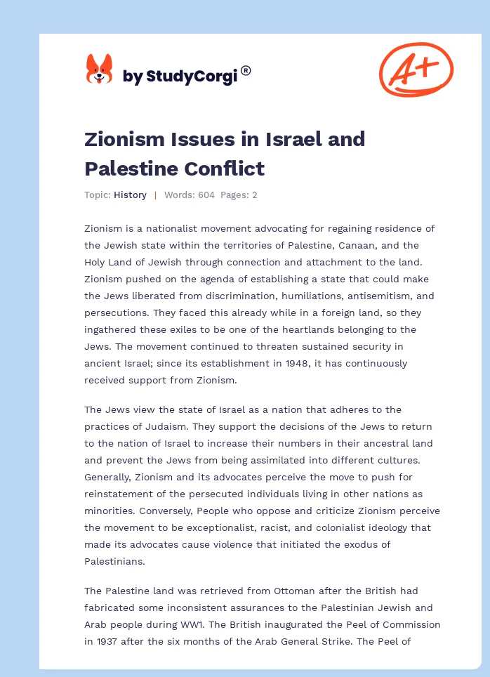 Zionism Issues in Israel and Palestine Conflict. Page 1