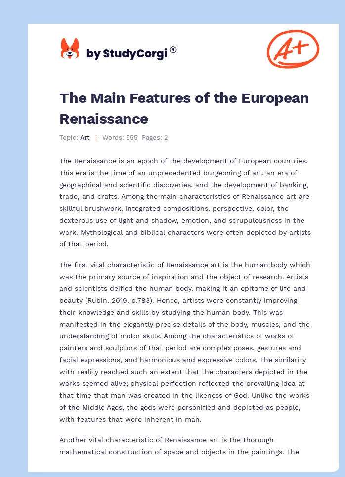 The Main Features of the European Renaissance. Page 1