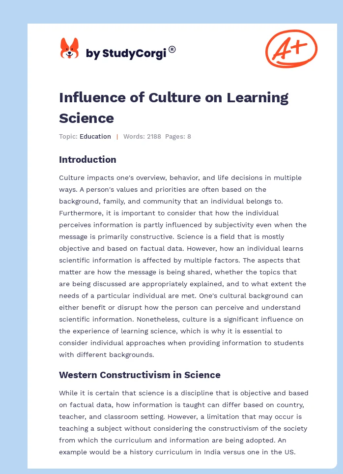 Influence of Culture on Learning Science. Page 1