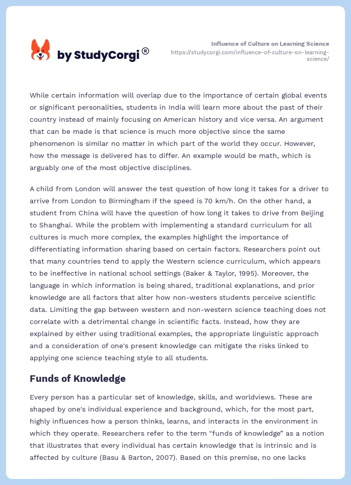 Influence of Culture on Learning Science. Page 2