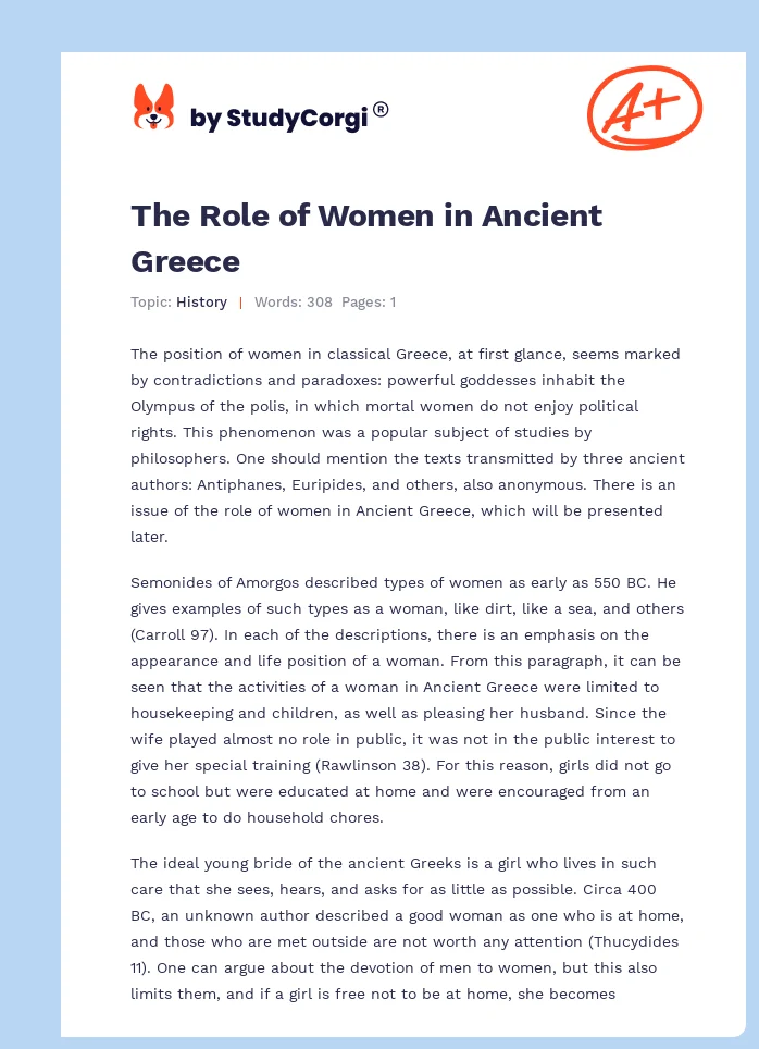 The Role of Women in Ancient Greece. Page 1