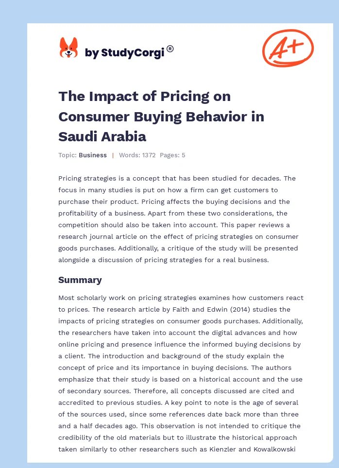 The Impact of Pricing on Consumer Buying Behavior in Saudi Arabia. Page 1