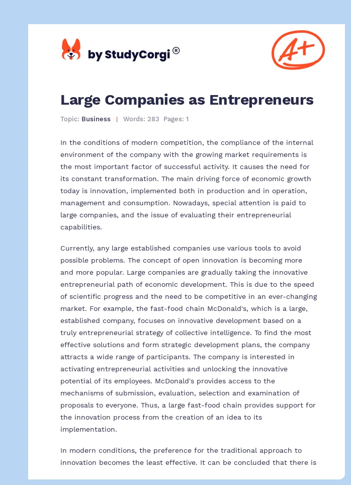 Large Companies as Entrepreneurs. Page 1