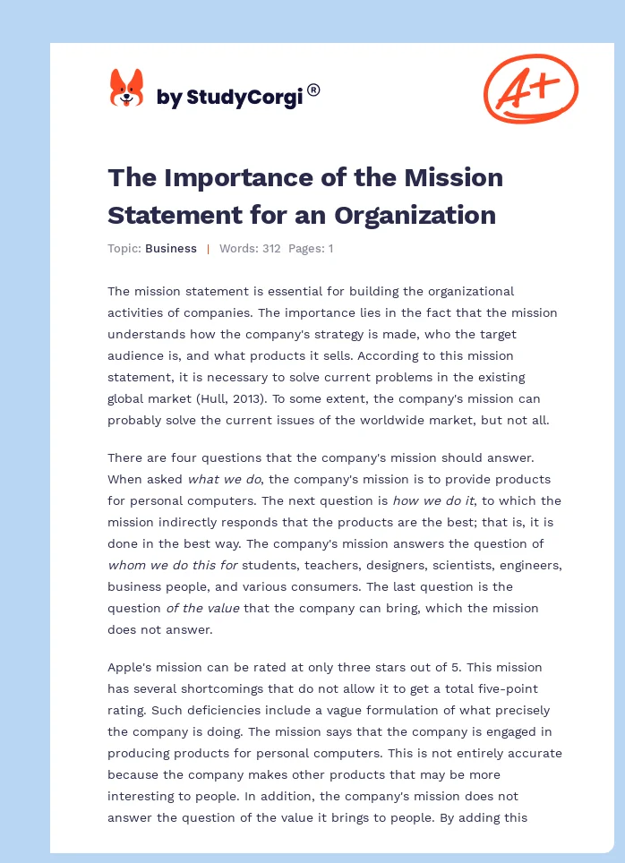 The Importance of the Mission Statement for an Organization. Page 1