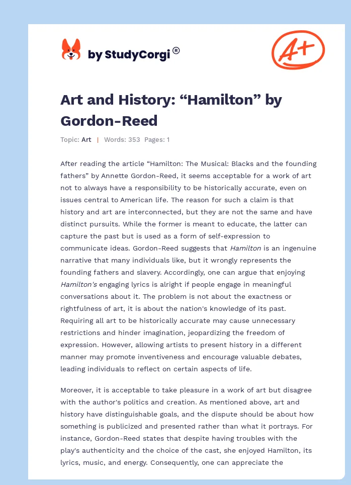 Art and History: “Hamilton” by Gordon-Reed. Page 1
