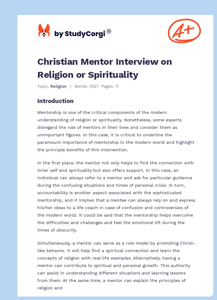 Christian Mentor Interview on Religion or Spirituality. Page 1