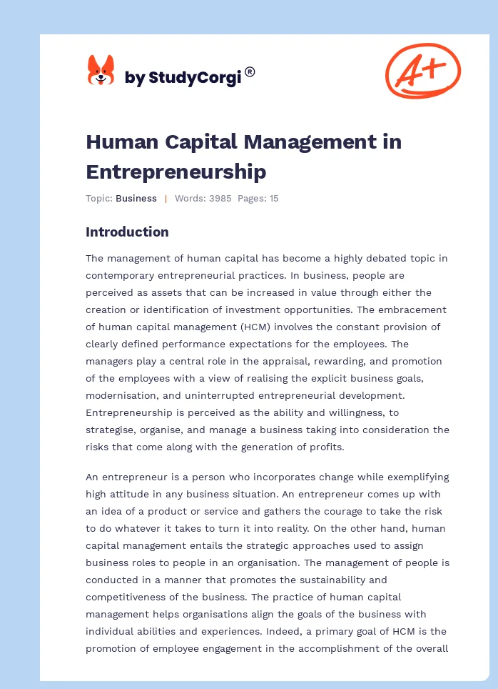 Human Capital Management in Entrepreneurship. Page 1
