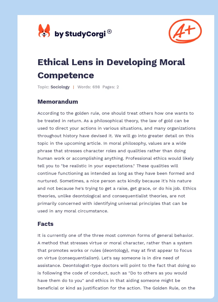 Ethical Lens in Developing Moral Competence. Page 1