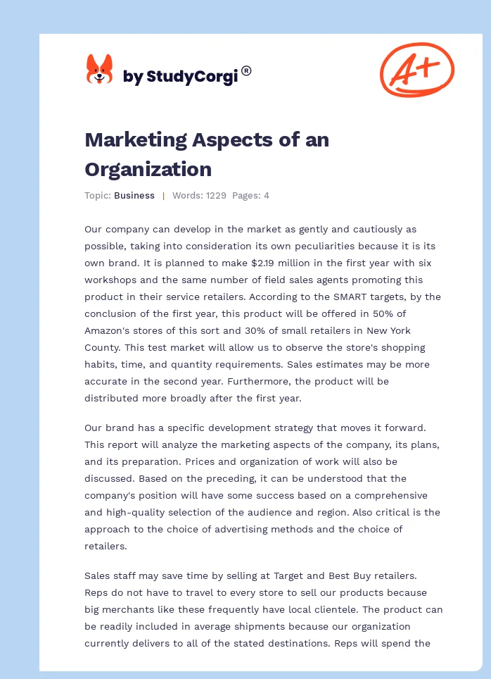 Marketing Aspects of an Organization. Page 1