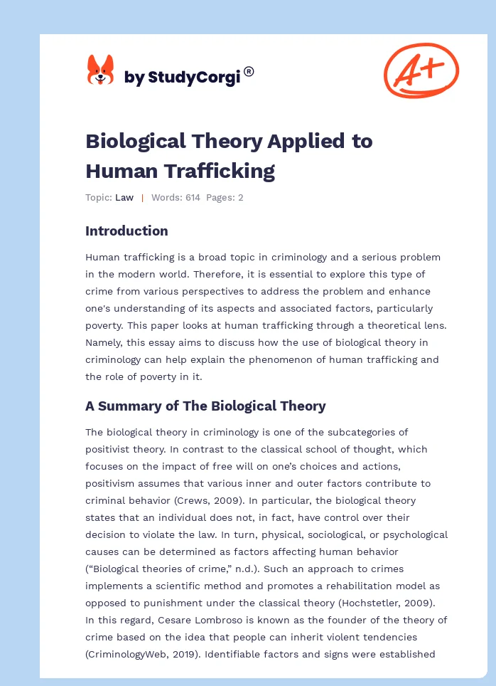 Biological Theory Applied to Human Trafficking. Page 1
