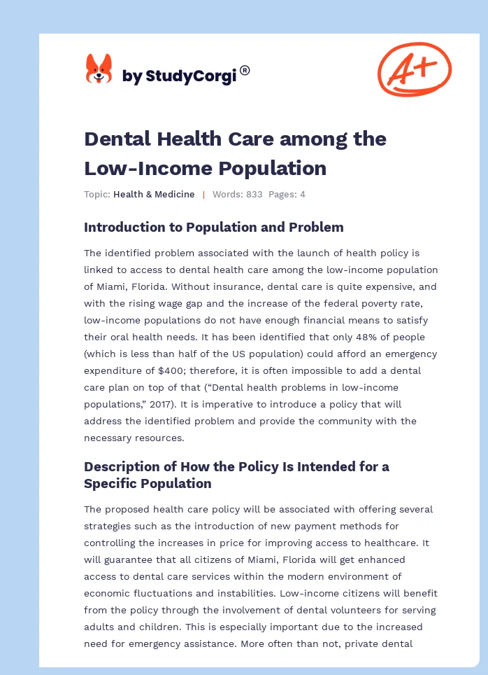 Dental Health Care among the Low-Income Population. Page 1